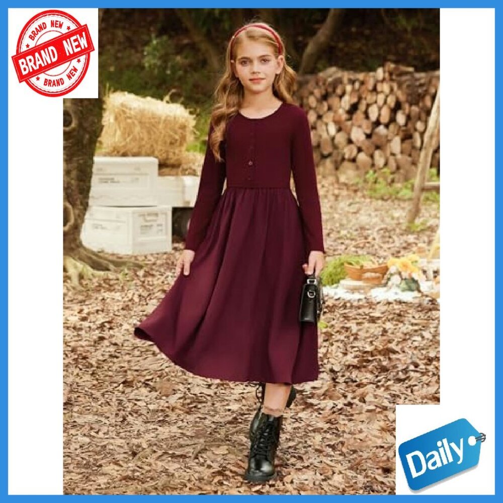 Girls Long Sleeve Maxi Dress with Pockets Formal Casual Polyester Blend - Picture 5 of 8